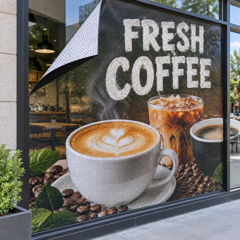 Perforated coffee-shop window graphic illustrating a window-perf application
