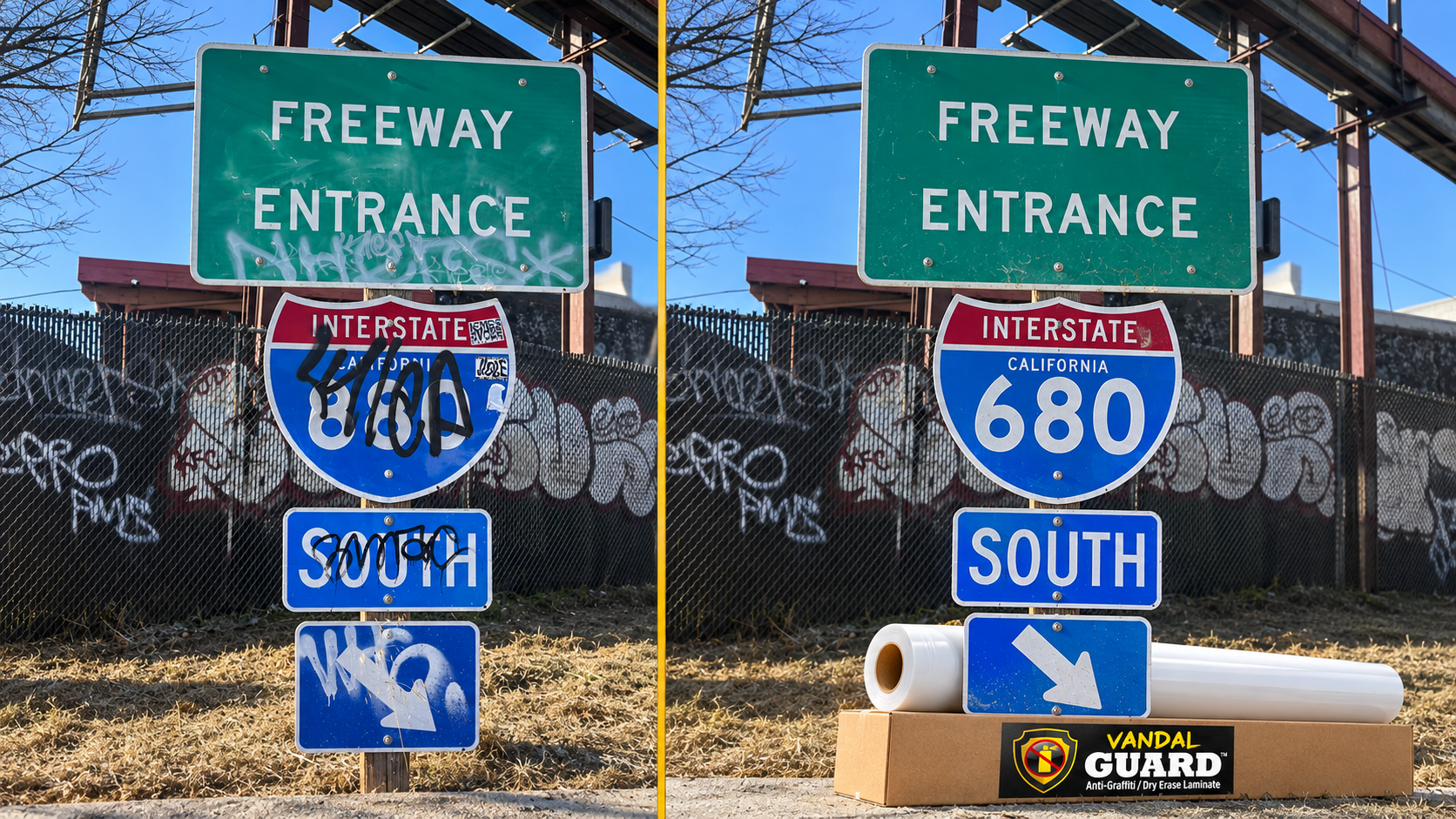 Illustrative before-and-after concept of tagged roadway signs and cleaned graphics